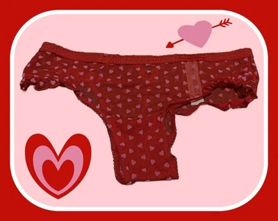 S  Red Mesh Soft Pink Heart LaceUp Cross Back Leg Ruffle Victorias Secret Pantie - Image 1 of 4