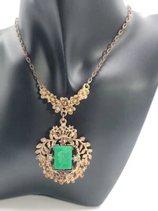 Brass Chrysoprase Cameo Necklace 16" Green Glass Roman Soldier Pendant Estate - Picture 1 of 18