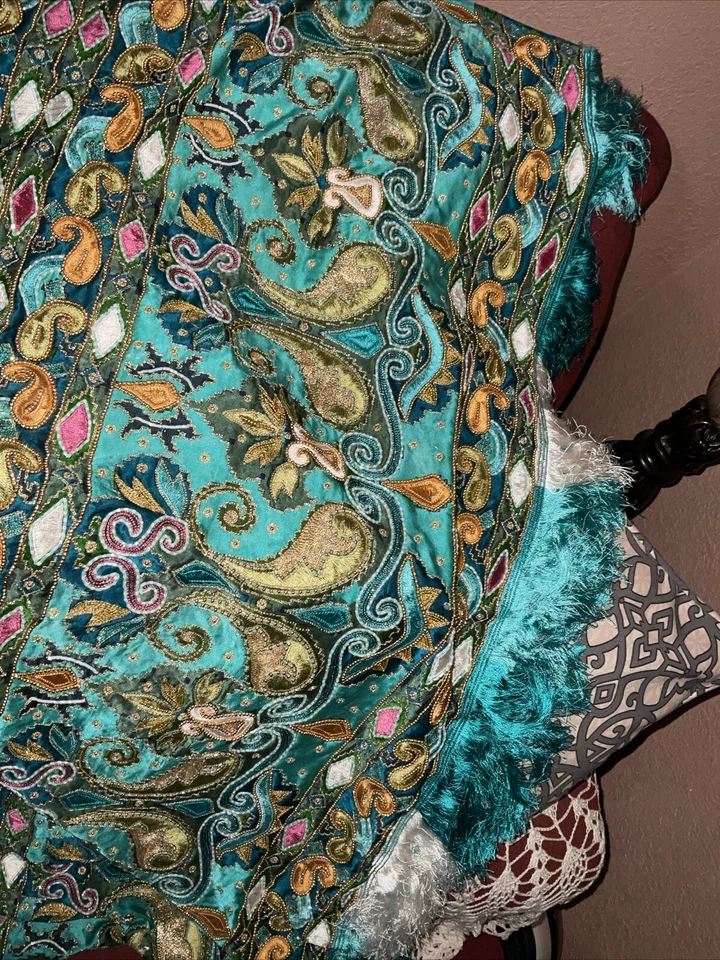 Teal/green Beaded Fabric - Image 1 of 4