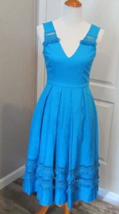 Badgley Mischka Belle Linen Fringe Dress Crochet Size 0 Aqua Marine Blue - Picture 1 of 3