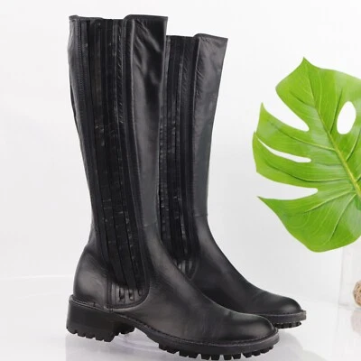 Rocco P. Women's Boot Size 36.5 6 Tall Moto Lug Sole Black Leather Pull On Italy - Image 1 of 4