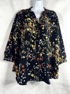 Karl Lagerfeld Top Women’s 2X Black Blouse Button Up 3/4 Sleeves Floral New - Picture 1 of 11