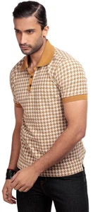 Collectif PABLO DOGTOOTH Vintage KURZARM Hahnentritt POLO SHIRT Ocker - Bild 1 von 6