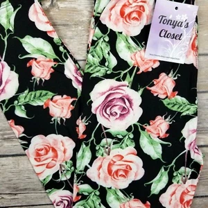 Kids Girls Toddler Leggings Purple Peach Rose Floral Print Black Base Soft S M - Picture 1 of 3