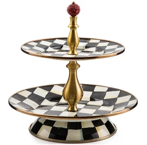 MACKENZIE-CHILDS Enamel Two-Tier Sweet Stand Black-and-White Courtly Check - Picture 1 of 1