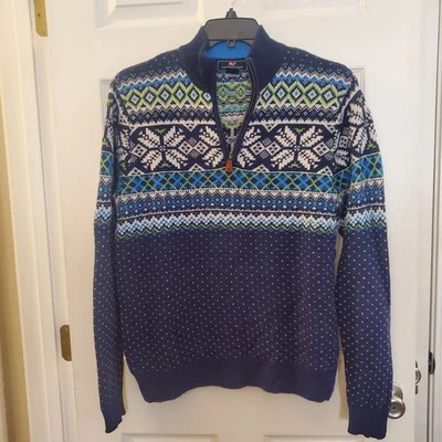 Vineyard Vines Men Med Blue Fair Isle 1/4 Zip Sweater Wool Alpaca nordic preppy - Изображение 1 из 4