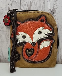 Chala Brown Canvas Orange Fox Zippered Wallet Card Money Holder Wristlet - Picture 1 of 5