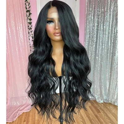 Frontal Lace Wigs Long Wavy Synthetic Hair Heat Resistant Soft Black Pre Plucked - Image 1 of 4