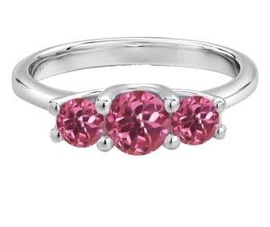 925 Sterling Silver 1.00 Ct Natural Pink Tourmaline Three Stone Band Dainty Ring - Picture 1 of 4