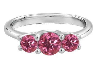 925 Sterling Silver 1.00 Ct Natural Pink Tourmaline Three Stone Band Dainty Ring - Image 1 of 4