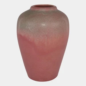 Muncie 1920s Vintage Art Deco Pottery Matte Green Over Rose Ceramic Vase 102-7 - Picture 1 of 6