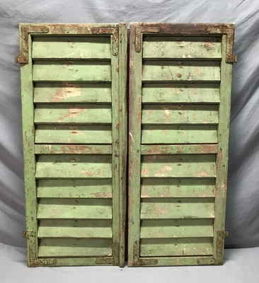 VTG Pair 16x36 Exterior Industrial Shop Window Wood Louvered Shutters 1245-25B - Image 1 of 4