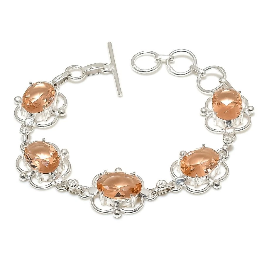 Brazalete de joyería de plata de ley 925 hecho a mano con piedras preciosas de morganita melocotón tamaño 7-8" Foto 1 de 1