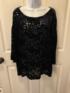 Top tunica Eileen Fisher Boxy semi trasparente velluto donna taglia XL nero manica 3/4 - Foto 1 di 5
