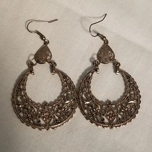 Hematite color intricate large dangle drop earrings Gypsy Feel Eclectic Style - Picture 1 of 2