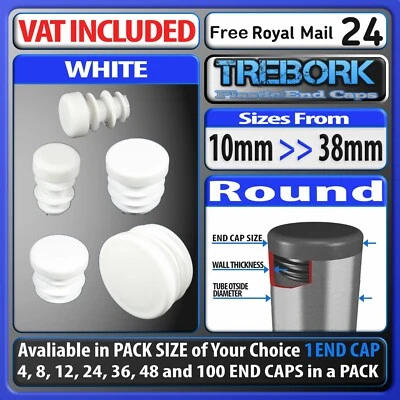 TREBORK White Round Tube Inserts Plastic End Caps Bungs Blanking Furniture Chair Feet