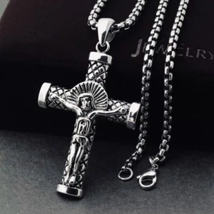 Men Silver Cross Crucifix Pendant Necklace Chain Christian Catholic Jewelry Gift - Picture 1 of 5