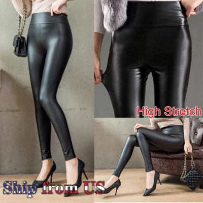 Faux PU Leather Skinny Pants High Waist Push Up Butt Lift Stretch Matte Leggings - Image 1 of 4