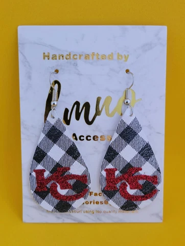 Handcrafted Buffalo Plaid leather earrings KC Chiefs teardrop design, USA Cover