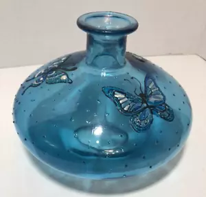 Stunning Aqua Blue Handpainted 9.5" Dia Blown Glass Vase Butterfly Butterflies - Picture 1 of 8