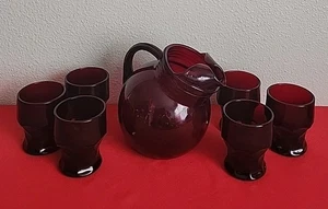 Vintage Anchor Hocking Ruby Red 6" Tilt Ball Pitcher & Set Of 6 Glass... - Picture 1 of 11