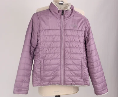 Abrigo chaqueta acolchada reversible rosa lavanda remolino Mossbud Swirl North Face para niñas Foto 1 de 4