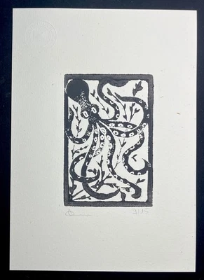 Original Holzschnitt „Octopus“ signiert aus den 1960er Limitiert 9/15 Topzustand - Bild 1 von 3