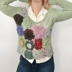 Damen Pullover Milar Made in Italy Grün Häkelblume Rosen S - Bild 1 von 7