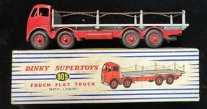 DINKY SUPERTOYS #905 FODEN FLAT TRUCK WITH CHAINS, VG MODEL W/ EXC STRIPED BOX! - Picture 1 of 8