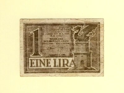 SLOVENIA LAIBACH YUGOSLAVIA 1 LIRA 1944 P-R2 F++ RARE - Image 1 of 2