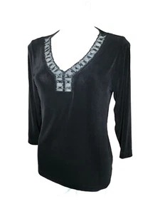 Womens Chicos Travelers Size 1 Black Slinky Ribbon & Beaded Neckline Blouse top - Picture 1 of 3
