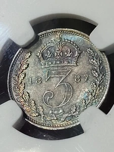 Great Britain 1887 Silver 3 Pence Jubilee Head KM-758 NGC MS-64 (Toned) - Picture 1 of 8