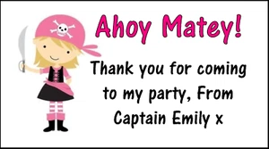 48 Pink Pirate Stickers Personalised Labels Party Bag Sweet Cones Thank You - Picture 1 of 4
