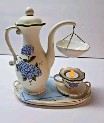Yankee Candle Teapot & Cup Tart Burner Wax Warmer Lt Blue Hydrangea Embellished  - Image 1 of 4