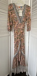Farm Rio Anthropologie Womens S Clara Wrap Maxi Dress NWT Pink Floral Ruffle Hem - Picture 1 of 16