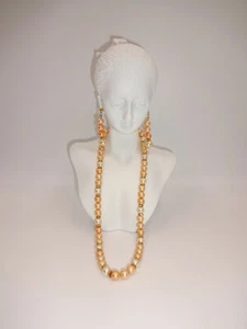 3 Pc Faux Pearl Napier Necklace & Pierced Earrings Set Peach White Marked Script - Picture 1 of 6