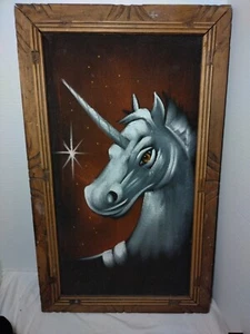 Vintage Mexico Folk Art Black Velvet Unicorn Painting Original Frame 23 By 14 - Picture 1 of 5