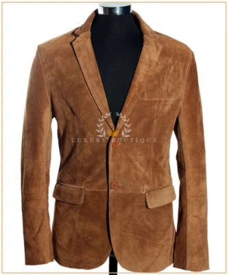 Carter Tan Men's New Smart 2 Buttons Real Cowhide Suede Leather Blazer Jacket - Image 1 of 4