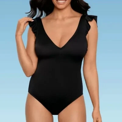 Beach Betty by Miracle Brands Black Ruffle Sleeve One Piece Swimsuit XL Slimming - Image 1 of 4
