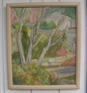 Pintura expresionista CASA Y JARDÍN PARED KAROLYN WOLF EISEMAN MODERNISTA AÑOS 70 - Imagen 1 de 12