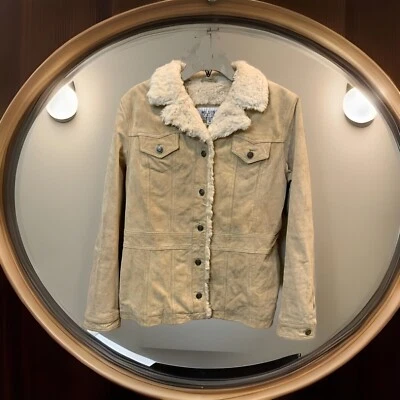 Wilsons Maxima Suede Leather Jacket Women’s Medium Tan Faux Fur Trim Button Up - Image 1 of 4