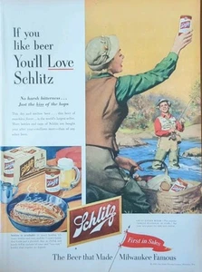 Anuncio impreso de cerveza Schlitz 1953 vintage, hombre pescando en el río disfruta de una cerveza - Imagen 1 de 1