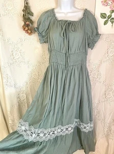Blue Green Milkmaid Dress Peasant Puff Sleeve L Ren Faire Whimsigoth - Picture 1 of 5