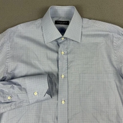 Canali Shirt Mens Medium Blue Plaid Made In Italy Dress Button Front Cotton - Image 1 of 4