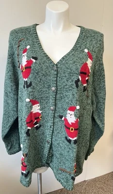 Quacker Factory Christmas Sweater Cardigan Womens Holiday Grandma Santa Bells 3X - Image 1 of 4