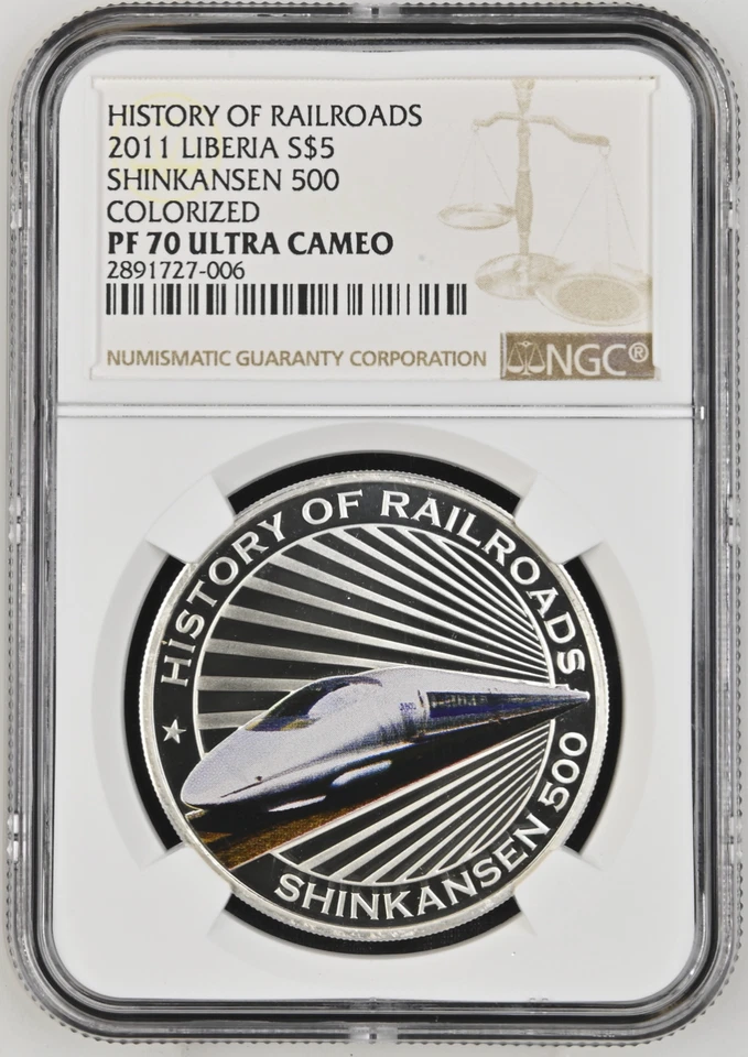 5 DOLLARS 2011 LIBERIA HISTORY OF RAILROADS SHINKANSEN 500 SILVER PROOF NGC PF70 - Image 1 of 4