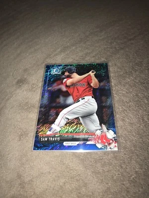 2017 Bowman Chrome Sam Travis Boston Red Sox Prospect Blue Shimmer Ref #/150 - Image 1 of 3