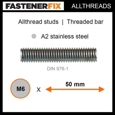 FASTENERFIX M6 x 50 mm allthread A2 stainless studs, threaded bar to DIN 976-1 (100 pack)
