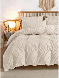 Beige California King Duvet Cover, 3Pc Boho Tufted Microfiber Cal King Comforter - Picture 1 of 6