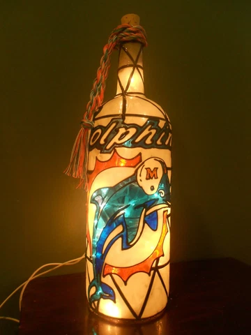 Miami Dolphins Inspired Wine Bottle Lamp Hand Painted Stained Glass look Cover